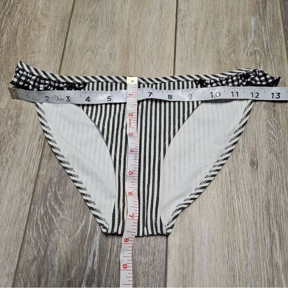 Aerie Seersucker Ruffle Bikini Bottom Black White Women's XXS Classic Old Money